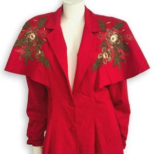 IIF Red Capelet Blazer Jacket Embellished Hand Painted Leather Vintage 80s